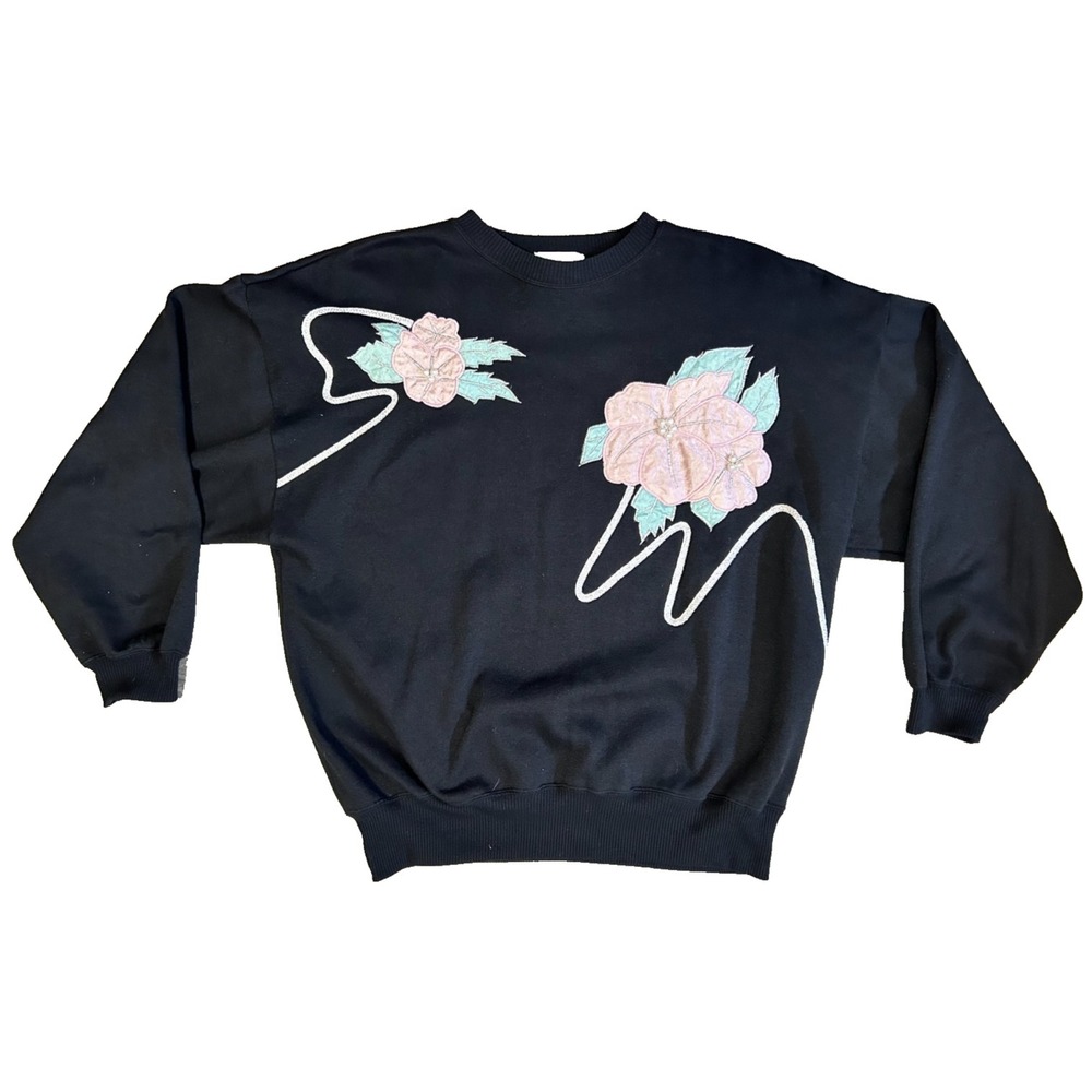 Vintage 80s 3D Granny Floral Pearl Metallic Sweatshirt Medium Black Long Sleeve
